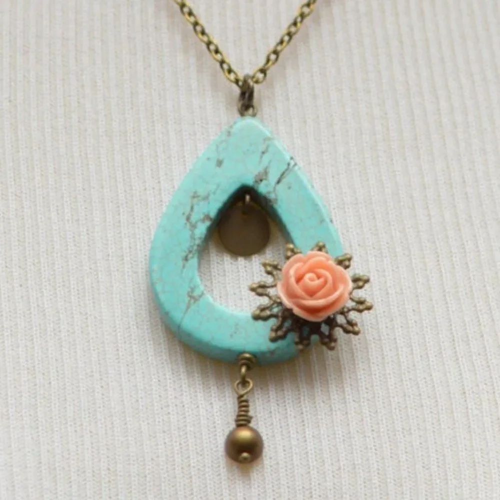 Turquoise & Pink Rose Necklace